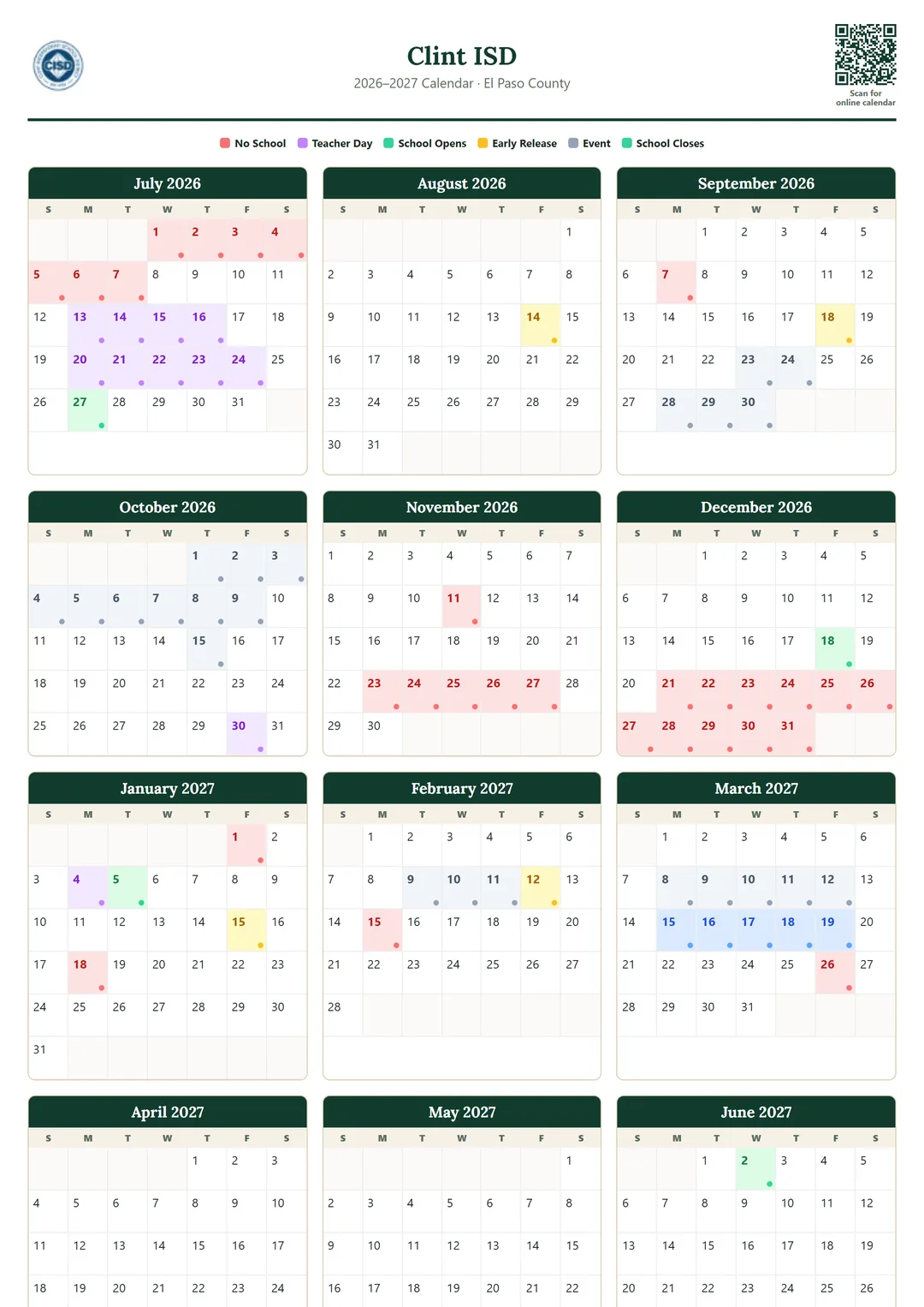 Clint ISD printable 2026–2027 calendar