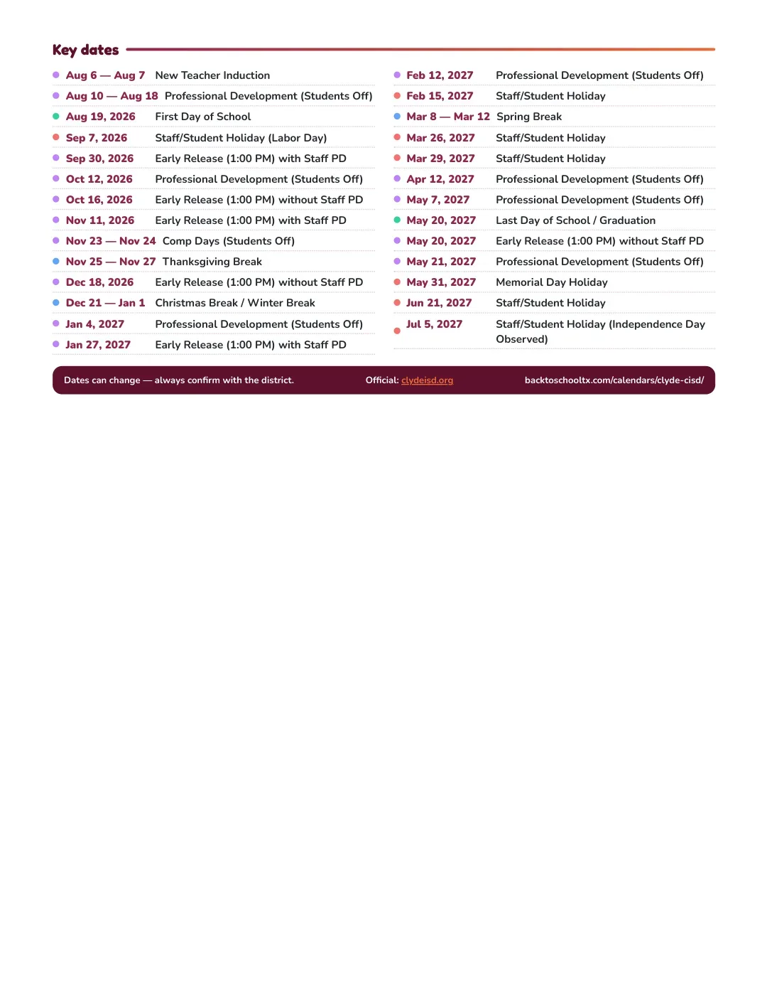 Clyde CISD Calendar for the Year 26-27 — key dates