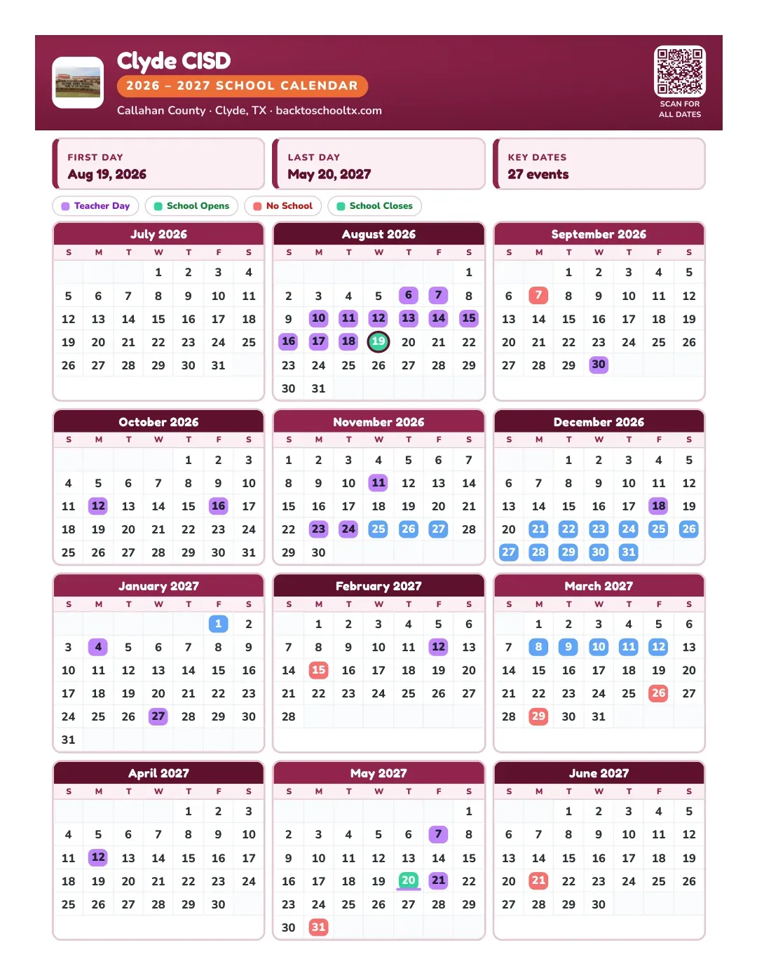 Clyde CISD Calendar for the Year 26-27