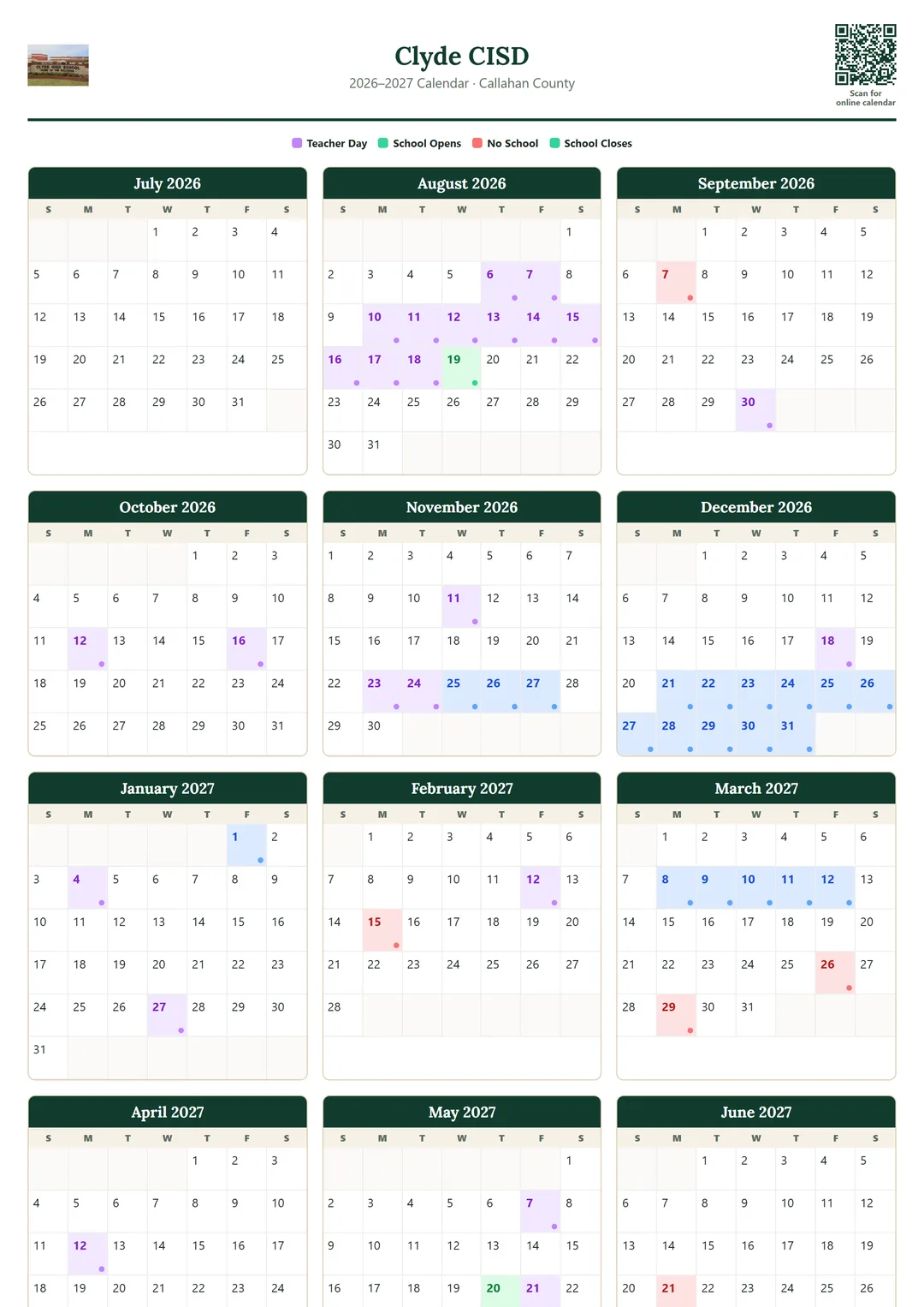 Clyde CISD printable 2026–2027 calendar