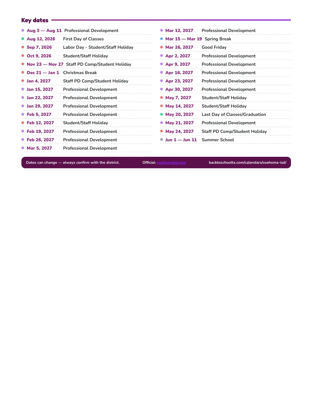 Coahoma ISD Calendar for the Year 26-27 — key dates