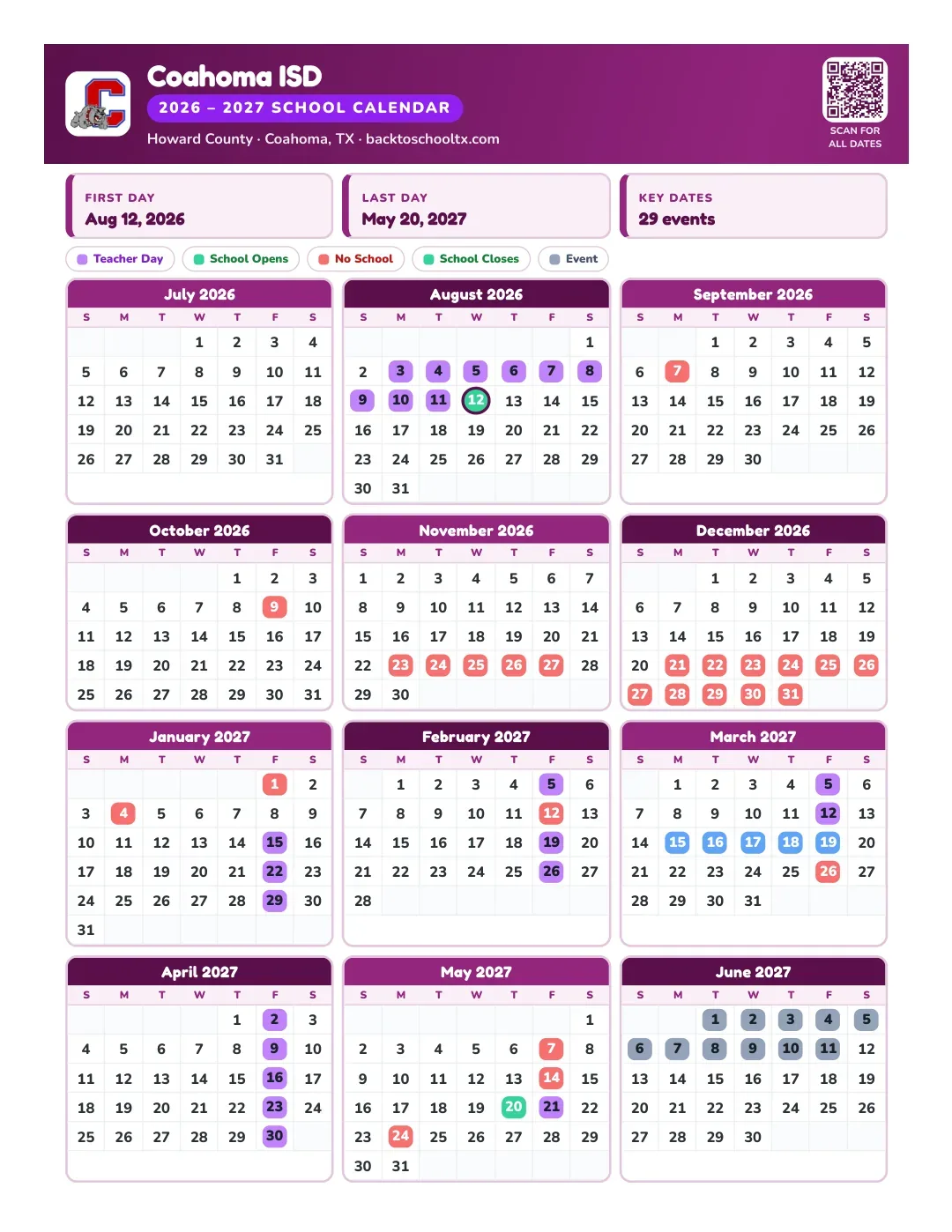 Coahoma ISD Calendar for the Year 26-27