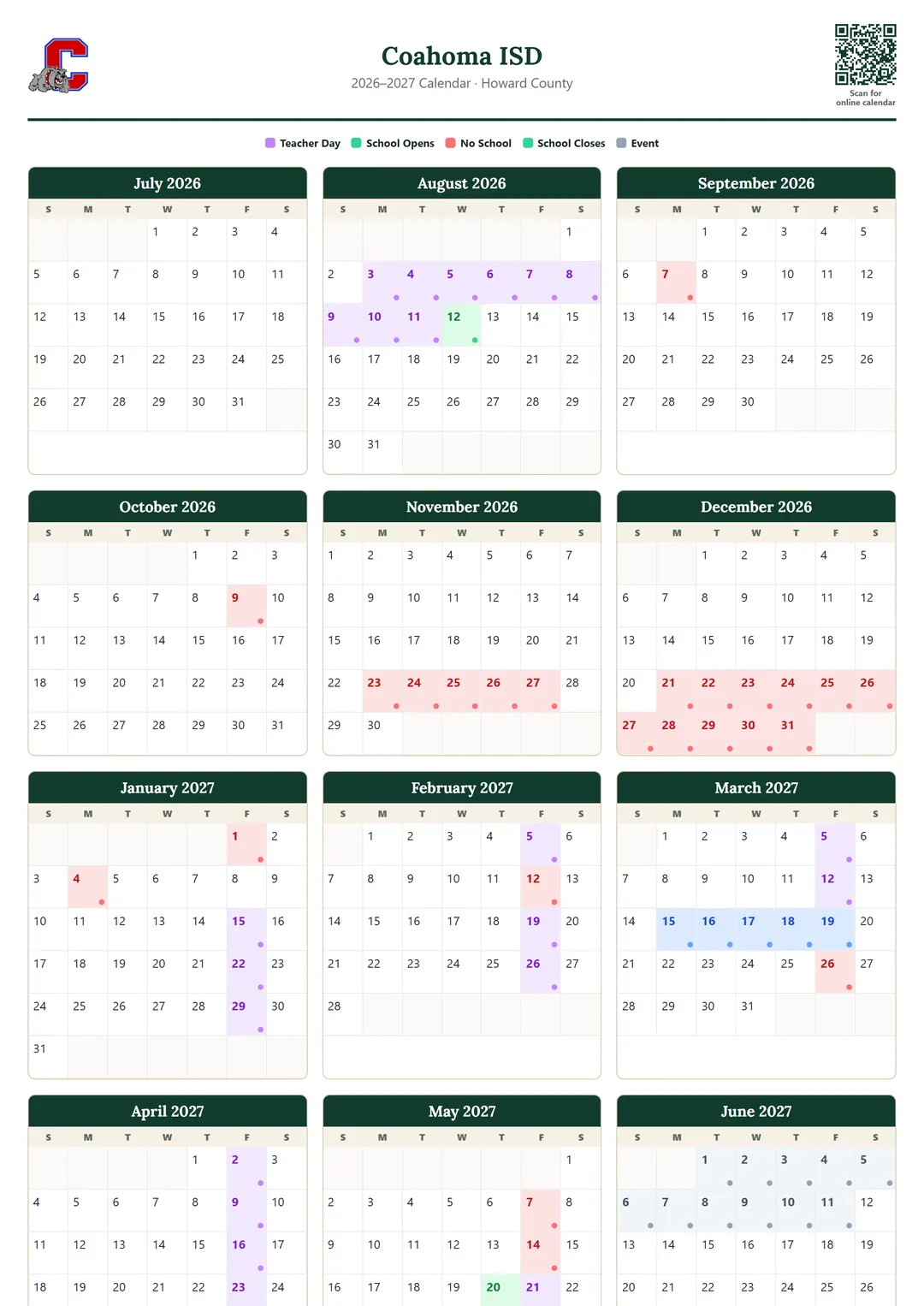 Coahoma ISD printable 2026–2027 calendar