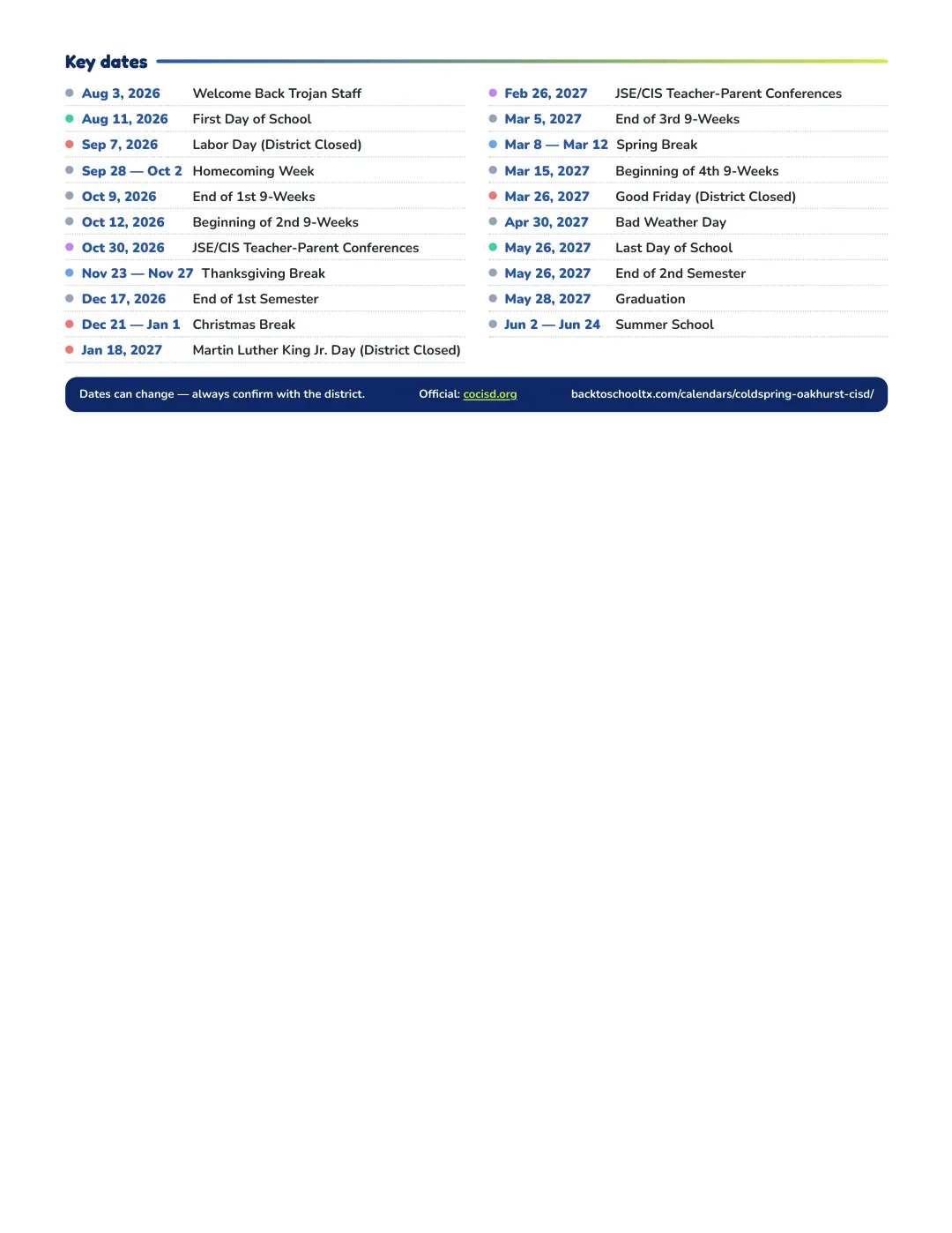 Coldspring-oakhurst CISD Calendar for the Year 26-27 — key dates