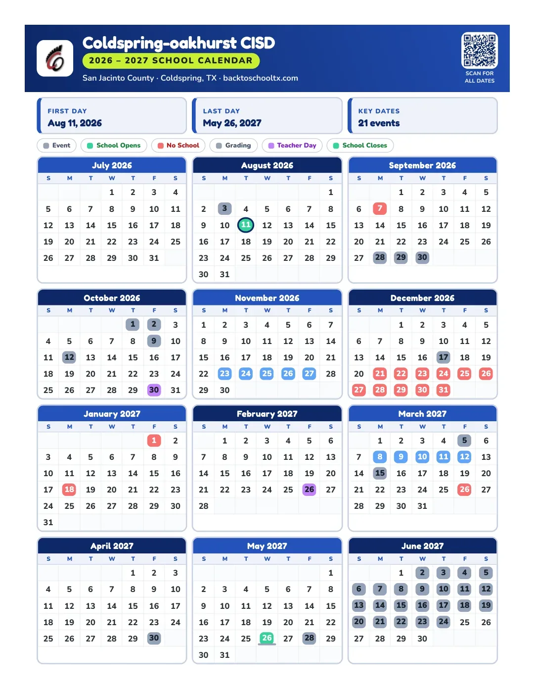 Coldspring-oakhurst CISD Calendar for the Year 26-27