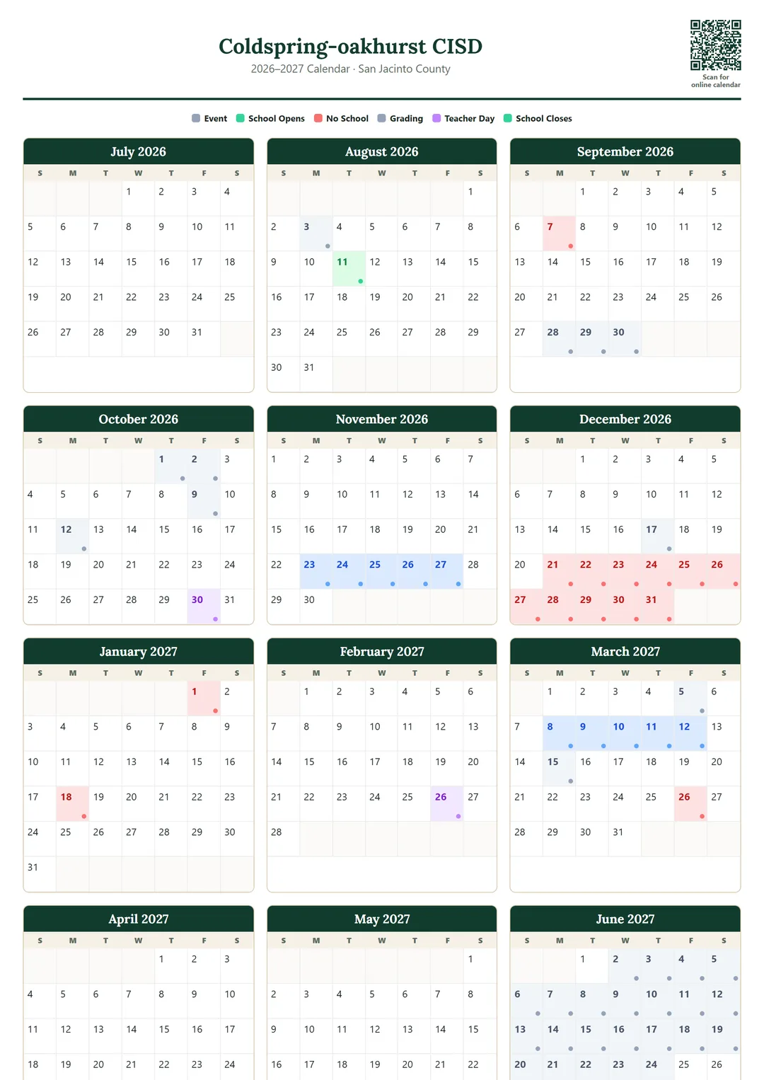 Coldspring-oakhurst CISD printable 2026–2027 calendar