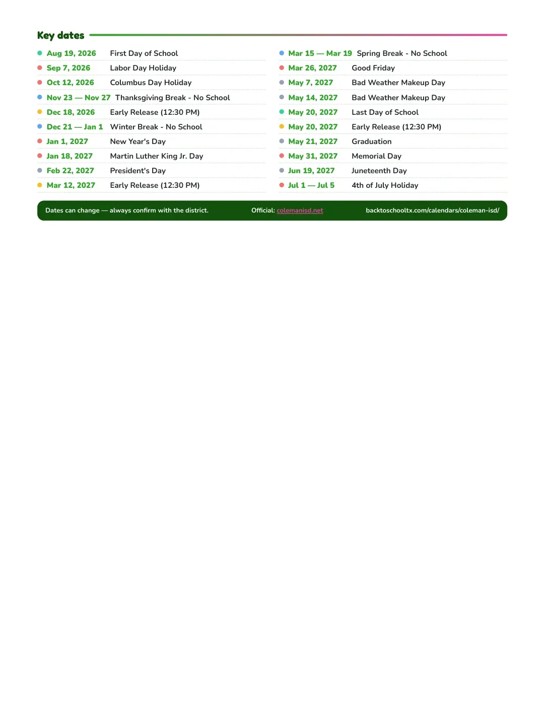 Coleman ISD Calendar for the Year 26-27 — key dates