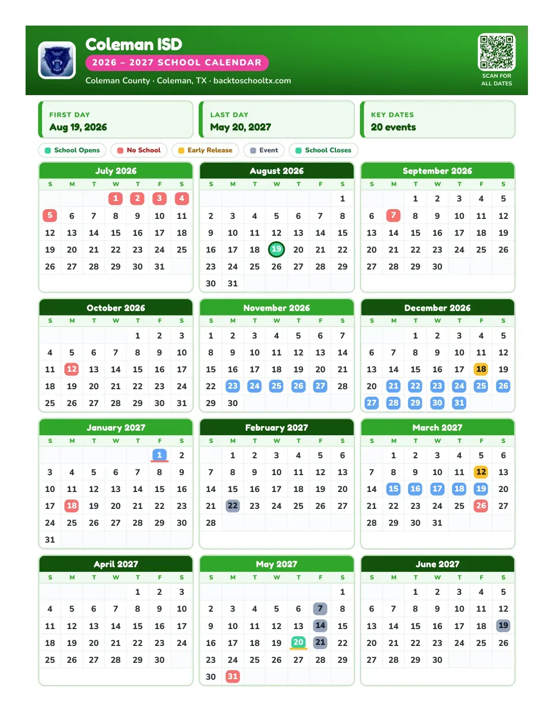 Coleman ISD Calendar for the Year 26-27