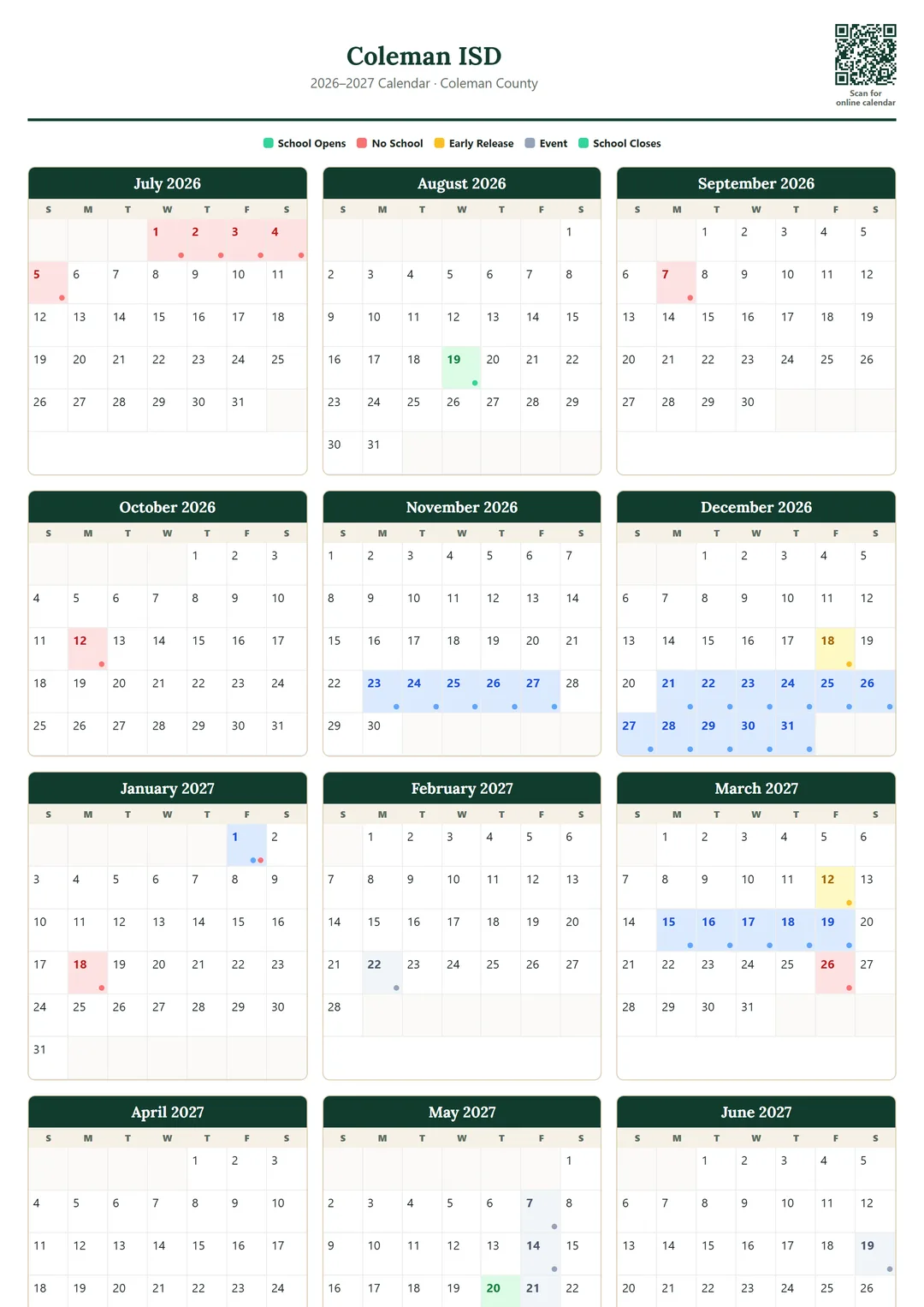 Coleman ISD printable 2026–2027 calendar