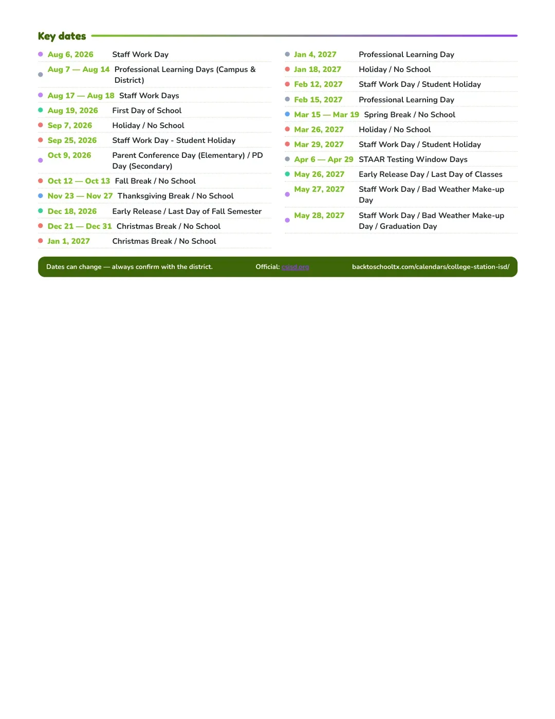 College Station ISD Calendar for the Year 26-27 — key dates
