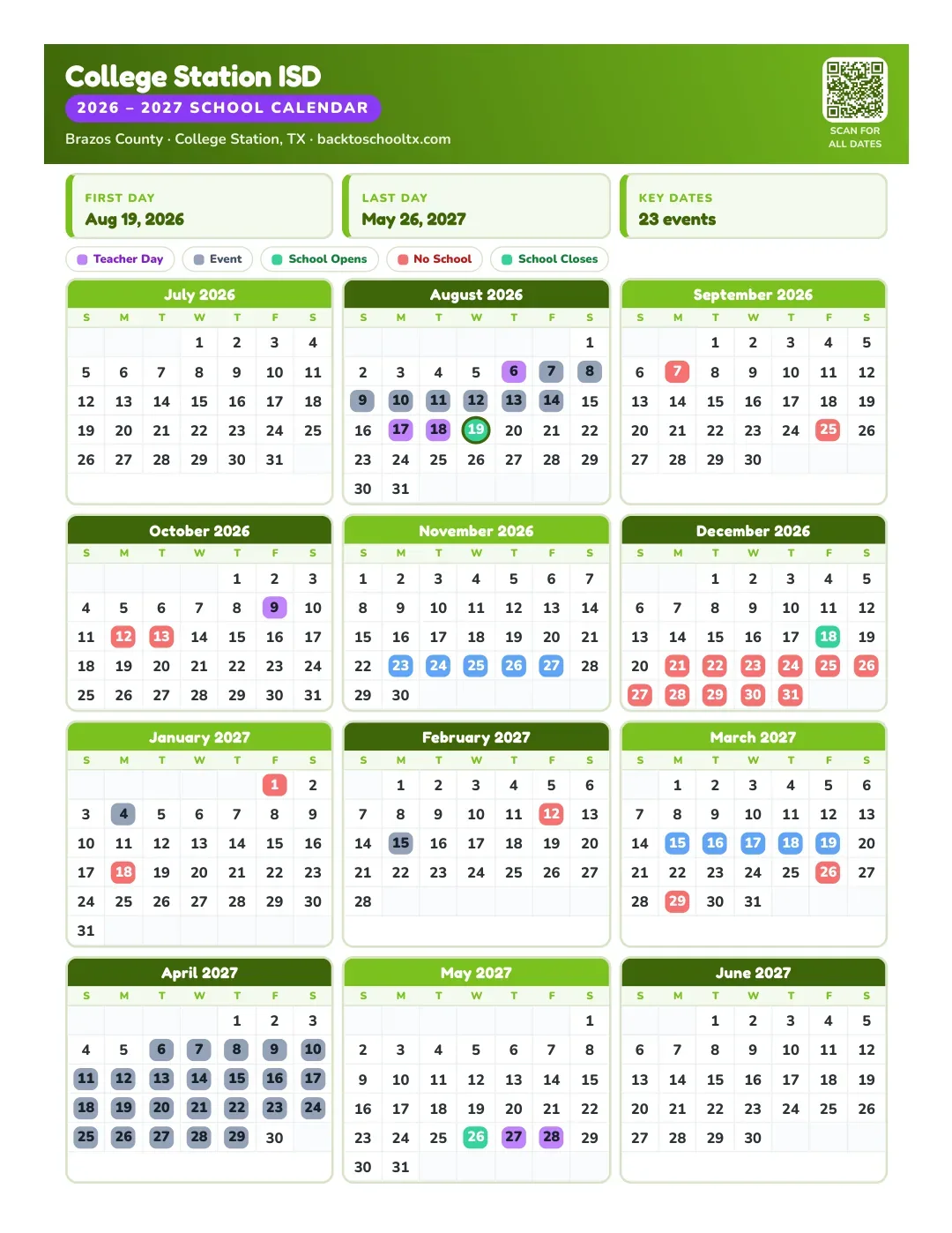 College Station ISD Calendar for the Year 26-27