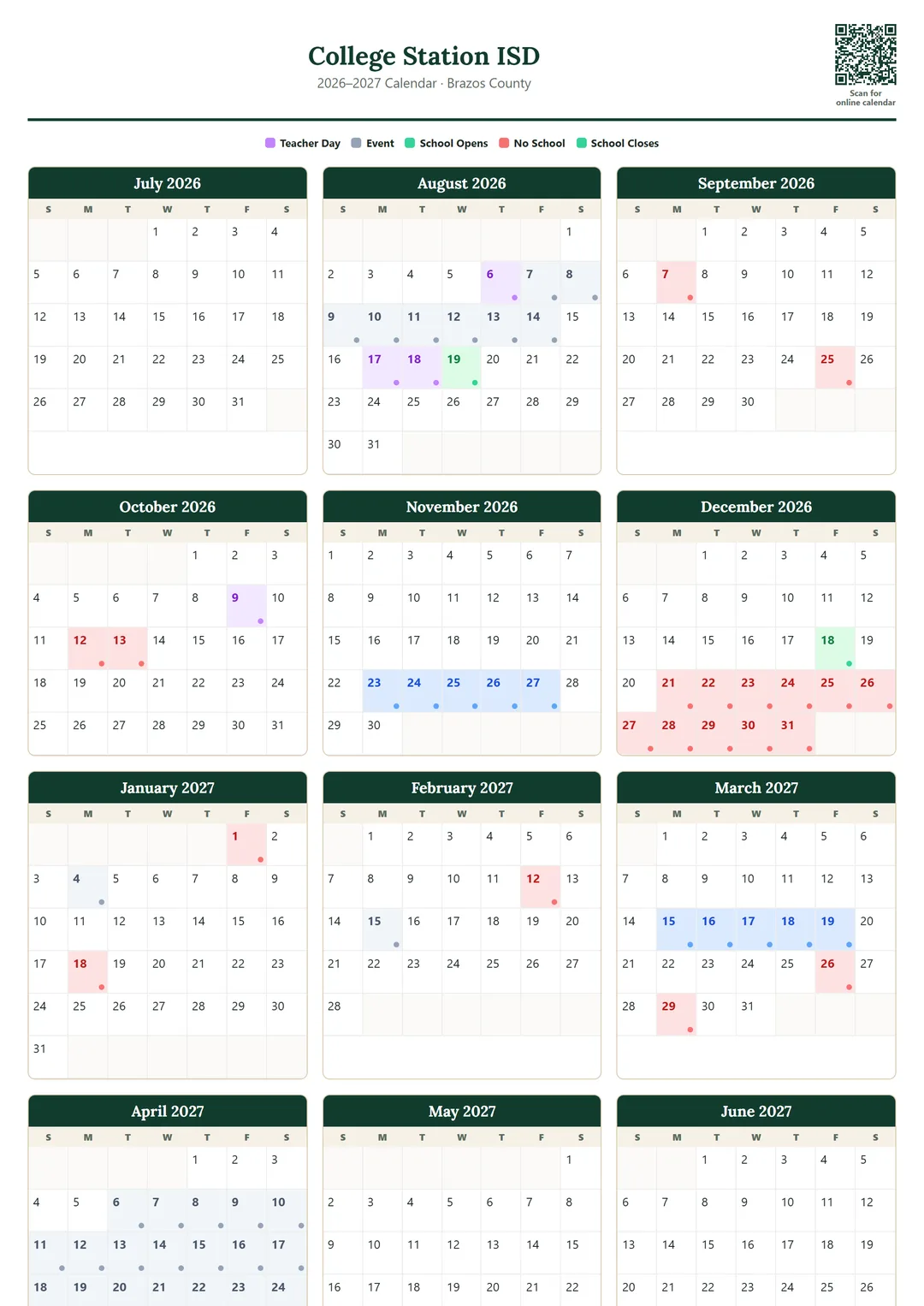 College Station ISD printable 2026–2027 calendar