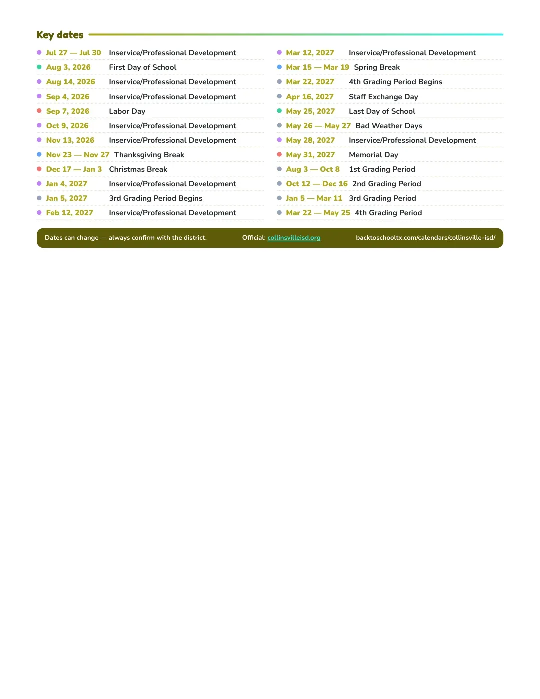 Collinsville ISD Calendar for the Year 26-27 — key dates