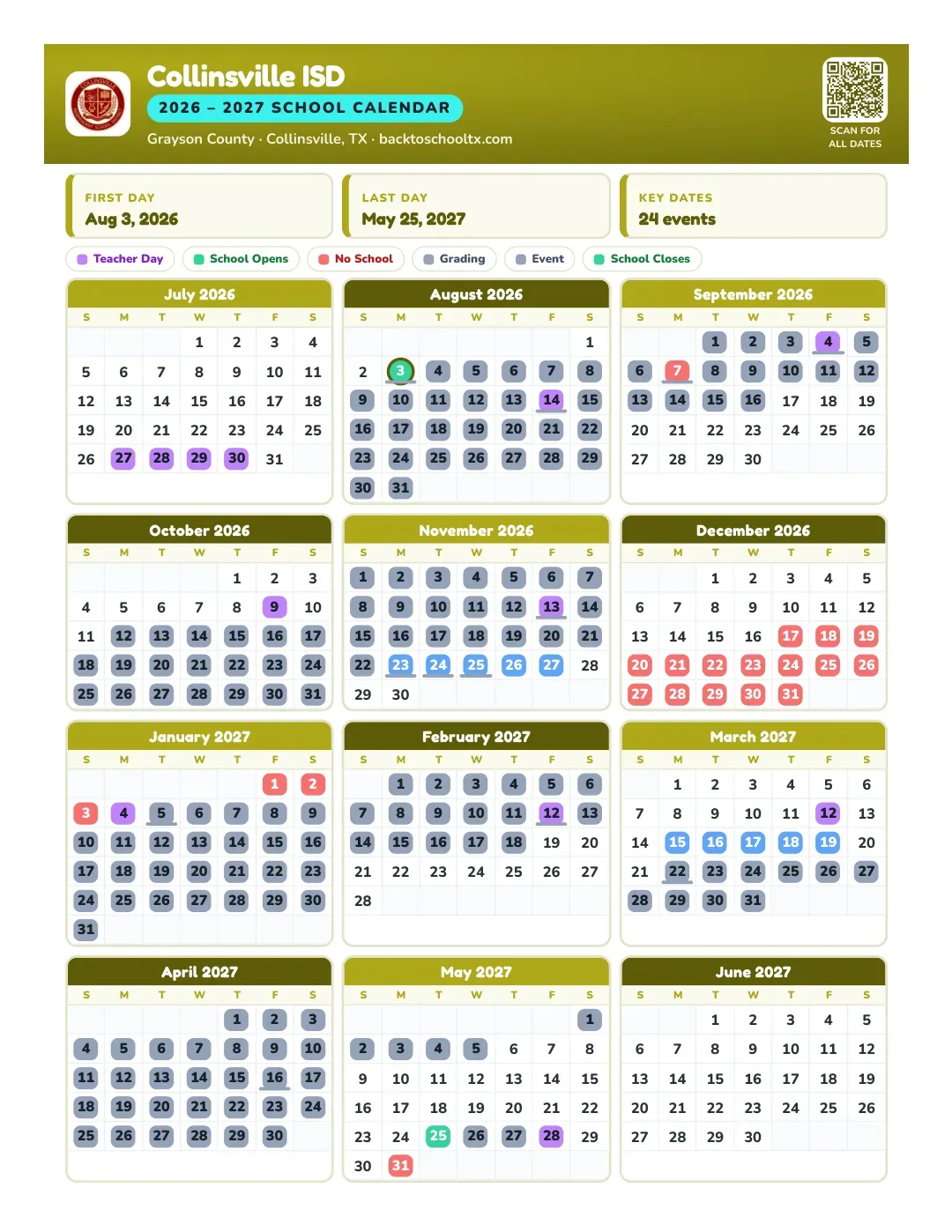 Collinsville ISD Calendar for the Year 26-27