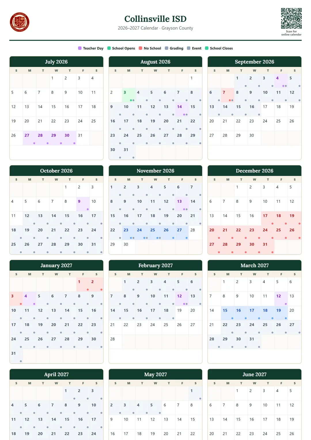 Collinsville ISD printable 2026–2027 calendar