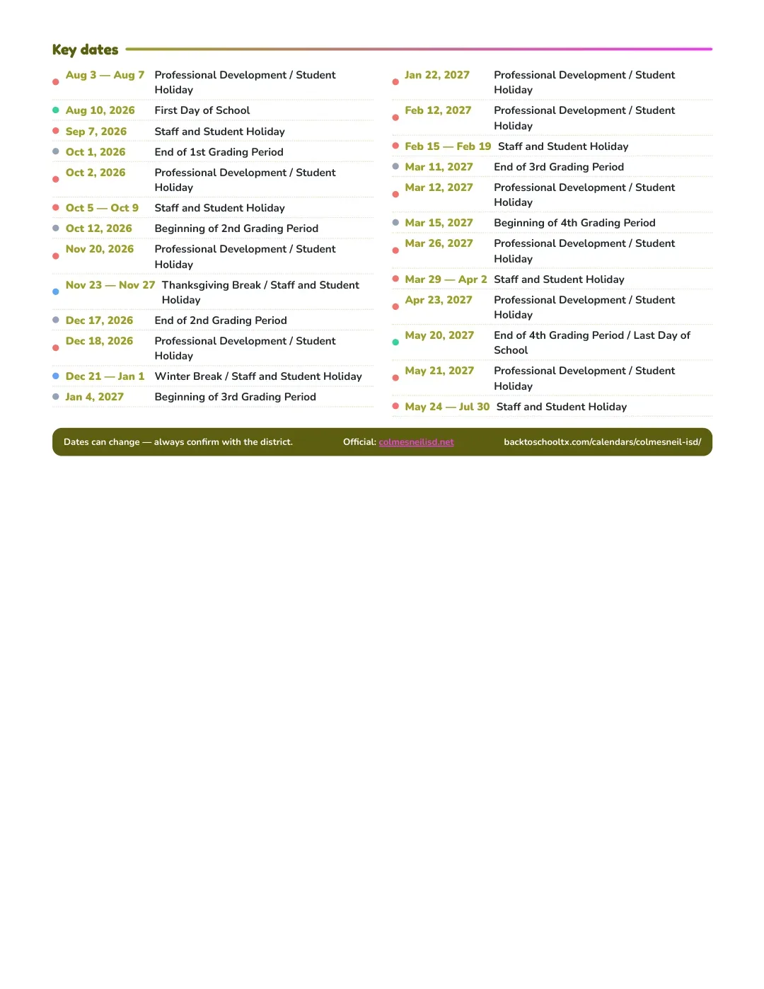 Colmesneil ISD Calendar for the Year 26-27 — key dates