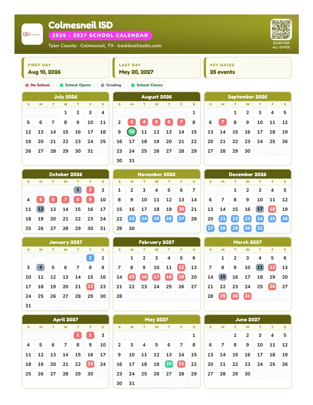 Colmesneil ISD Calendar for the Year 26-27