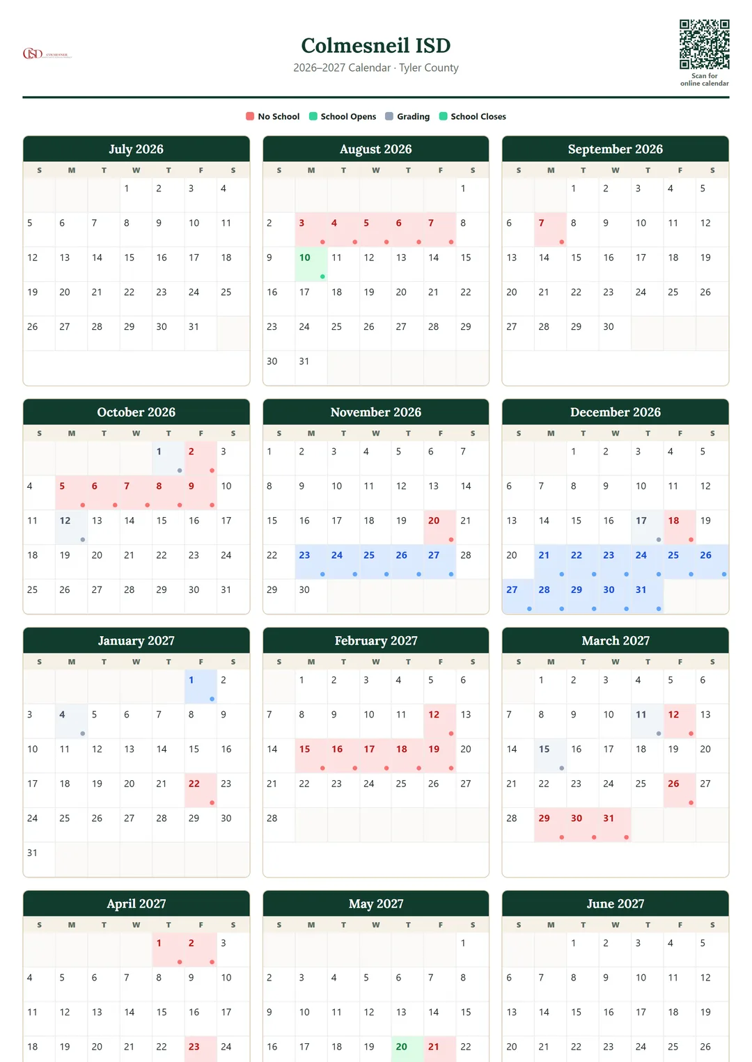 Colmesneil ISD printable 2026–2027 calendar