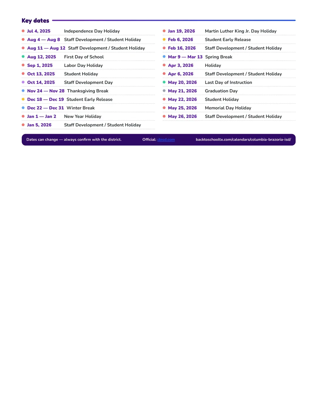 Columbia-brazoria ISD Calendar for the Year 26-27 — key dates