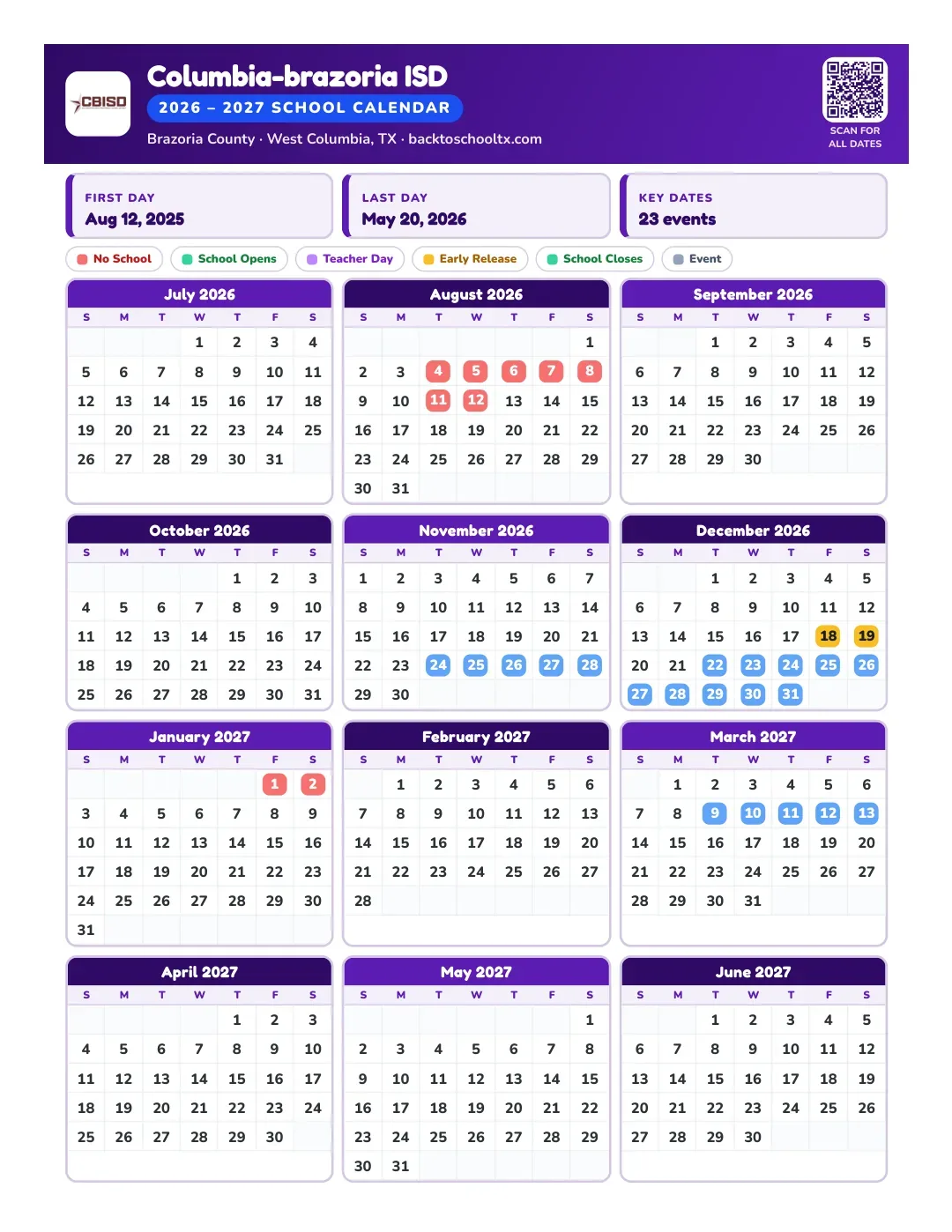 Columbia-brazoria ISD Calendar for the Year 26-27
