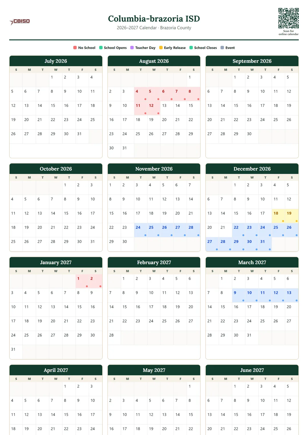 Columbia-brazoria ISD printable 2026–2027 calendar