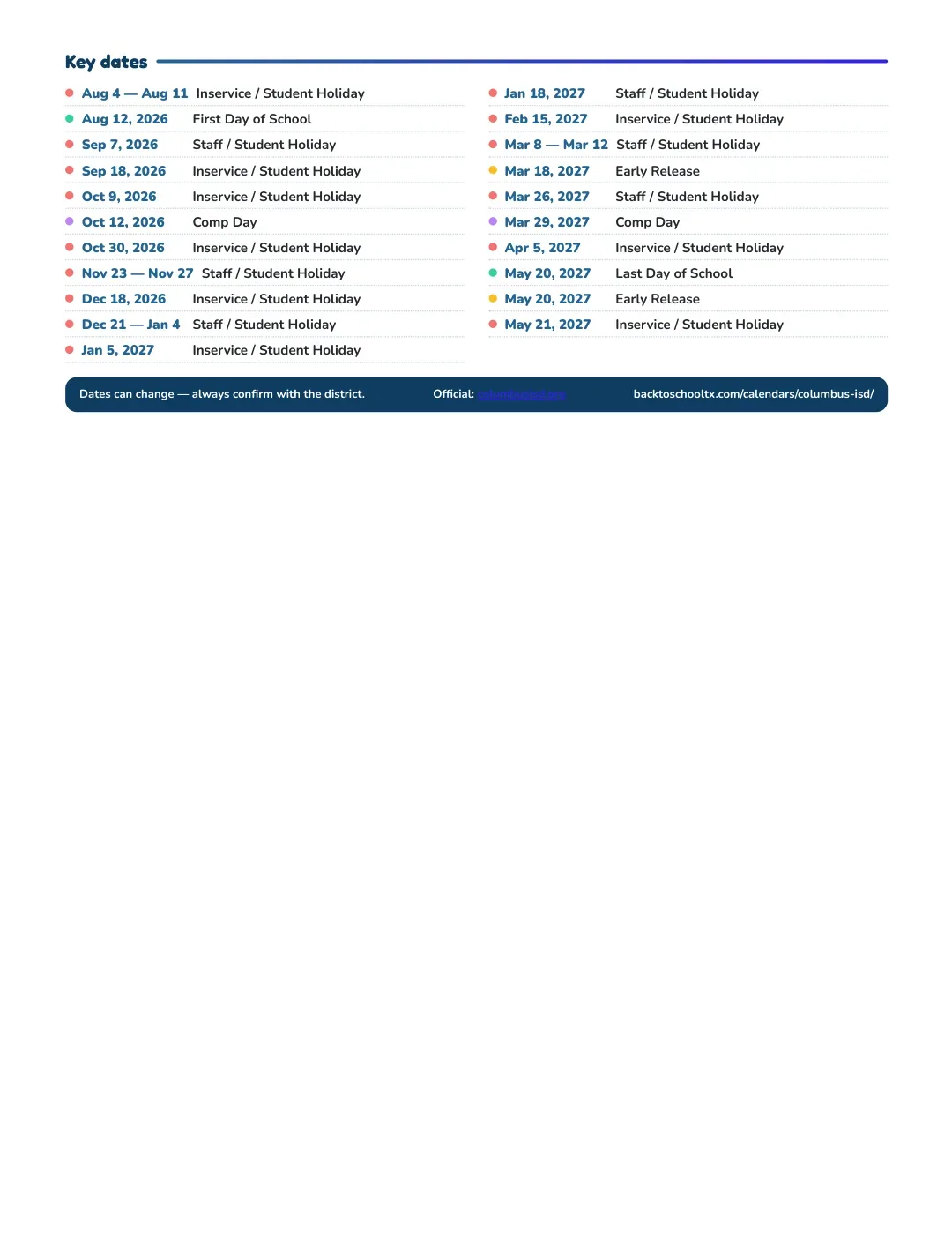Columbus ISD Calendar for the Year 26-27 — key dates