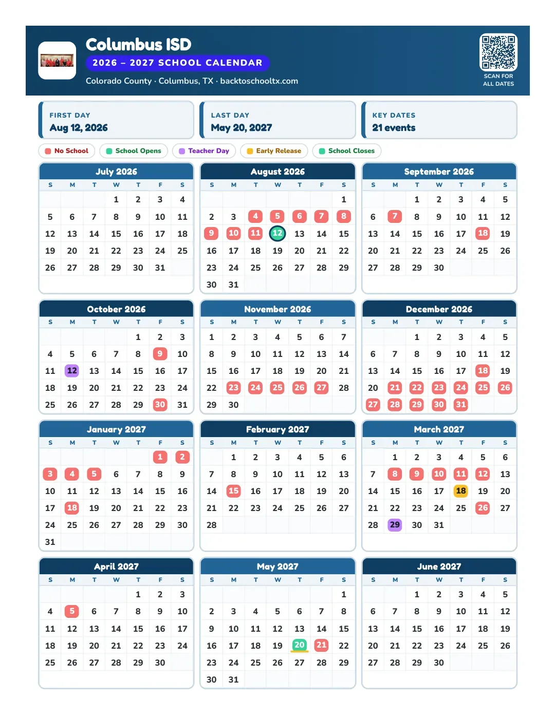 Columbus ISD Calendar for the Year 26-27