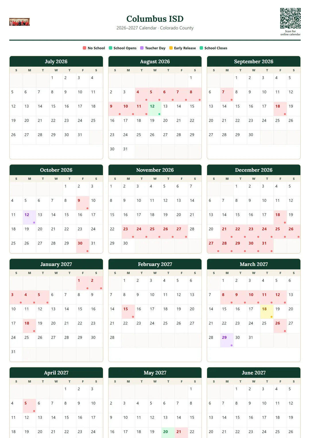 Columbus ISD printable 2026–2027 calendar