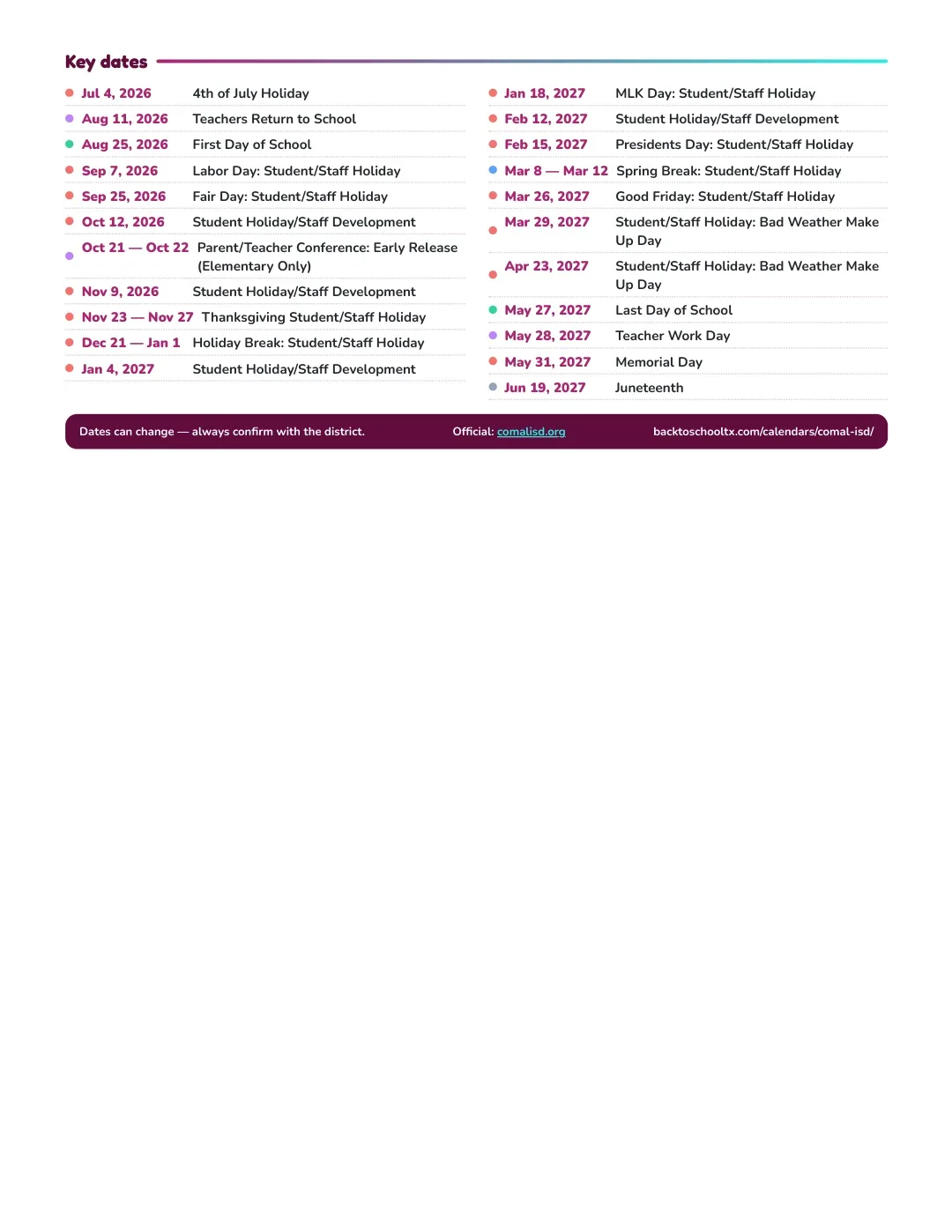 Comal ISD Calendar for the Year 26-27 — key dates