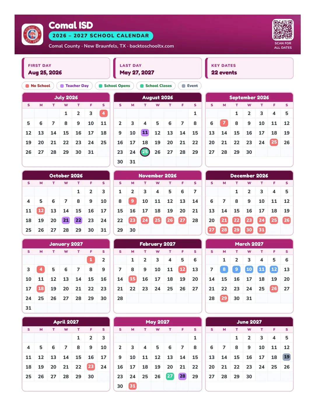 Comal ISD Calendar for the Year 26-27