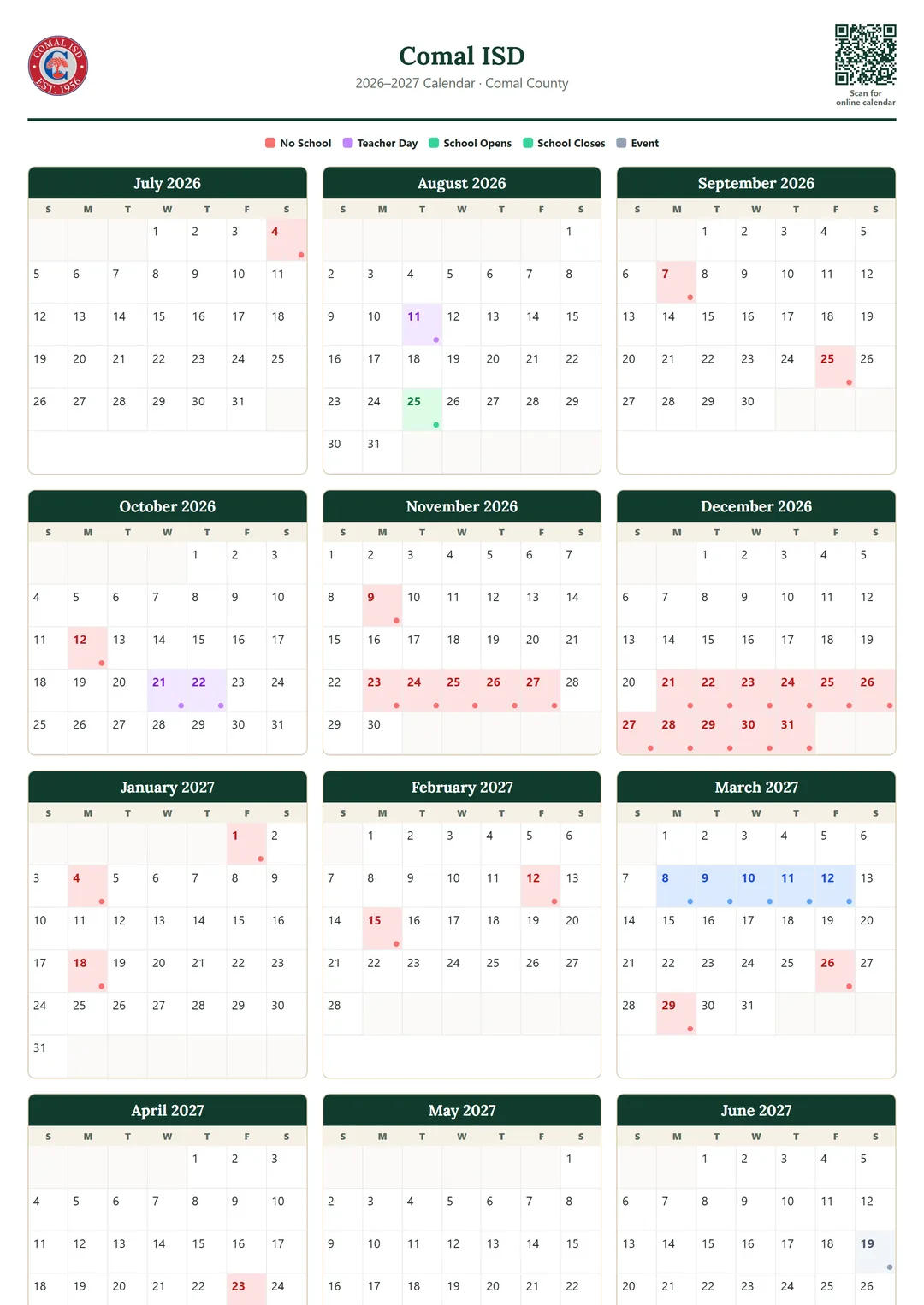 Comal ISD printable 2026–2027 calendar
