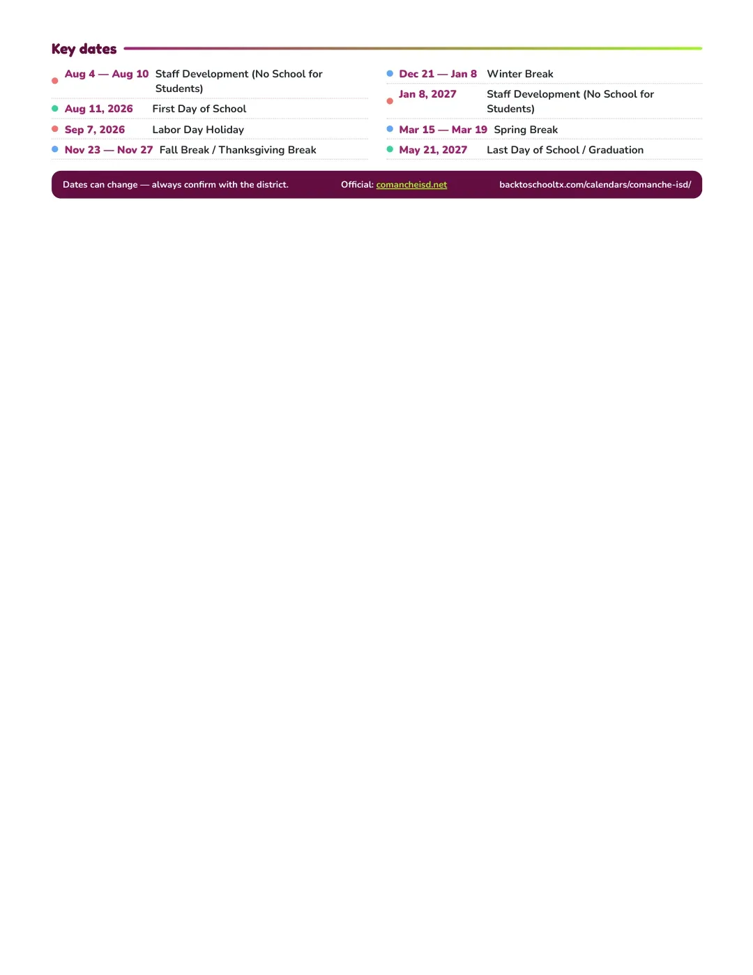 Comanche ISD Calendar for the Year 26-27 — key dates