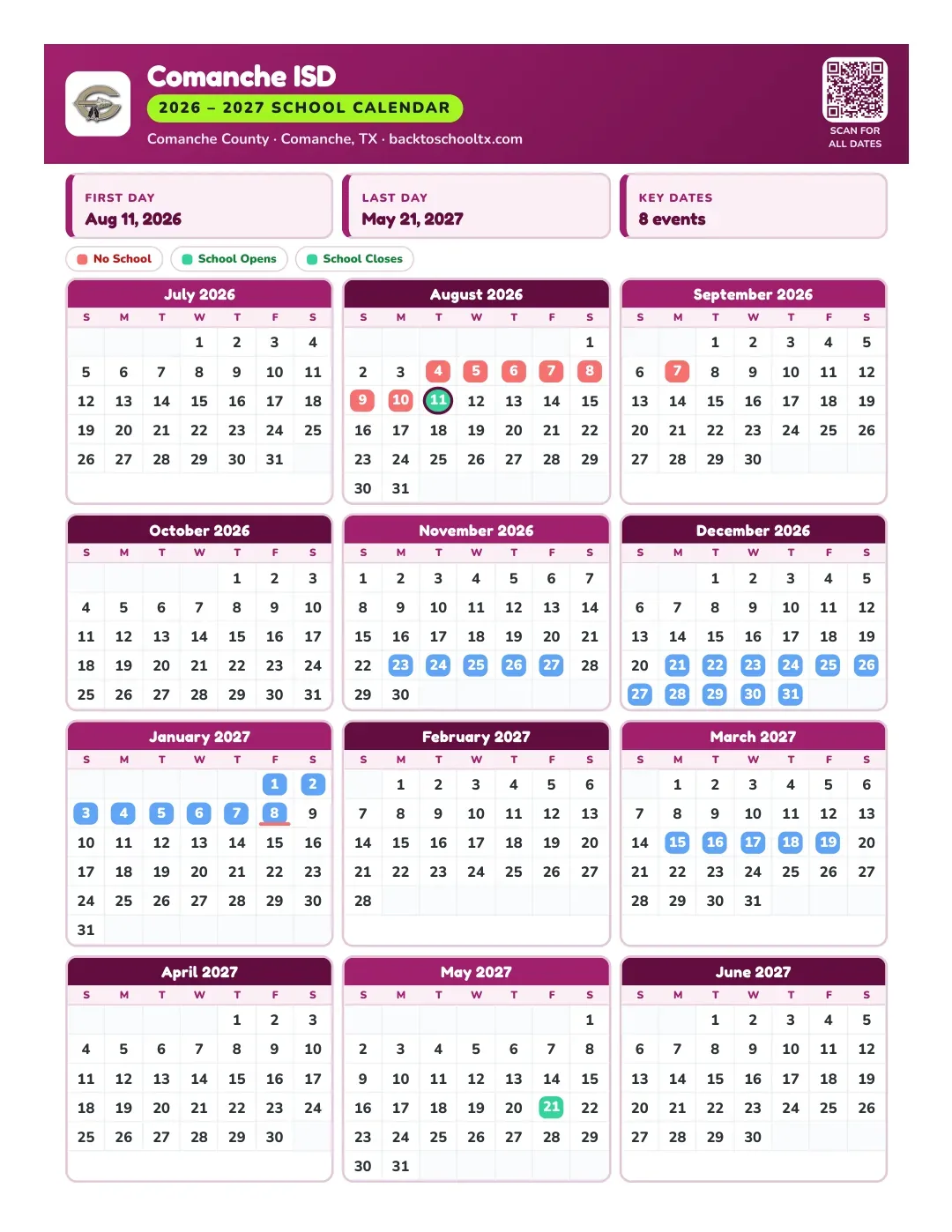 Comanche ISD Calendar for the Year 26-27