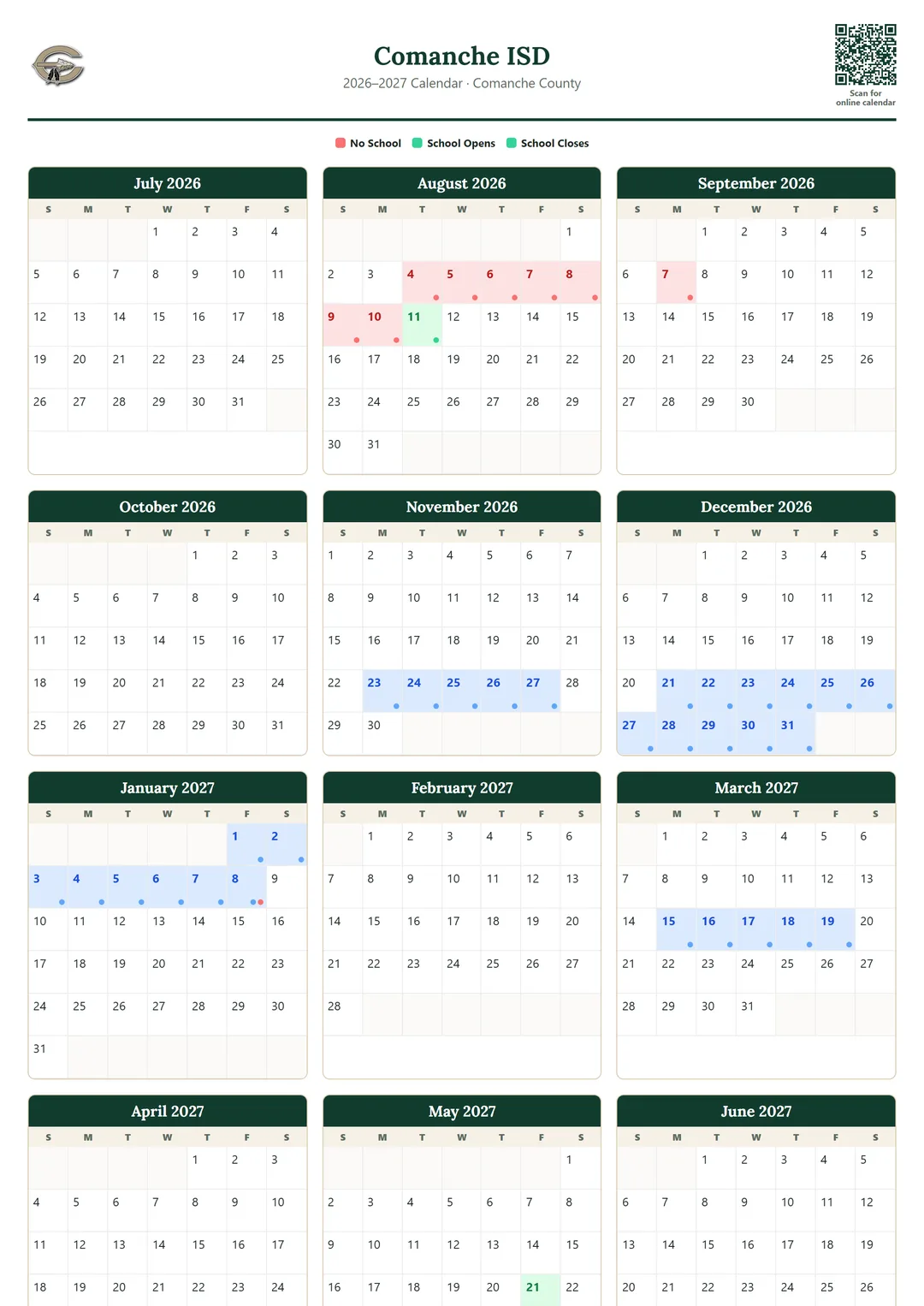 Comanche ISD printable 2026–2027 calendar