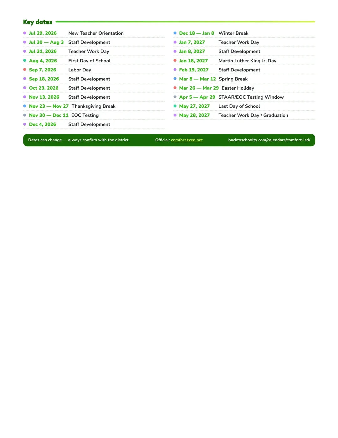 Comfort ISD Calendar for the Year 26-27 — key dates