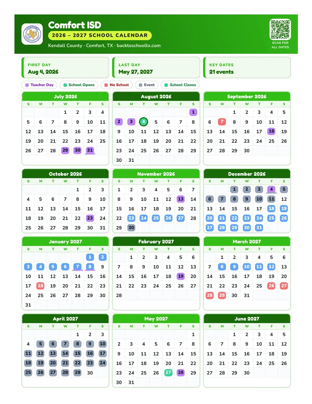Comfort ISD Calendar for the Year 26-27