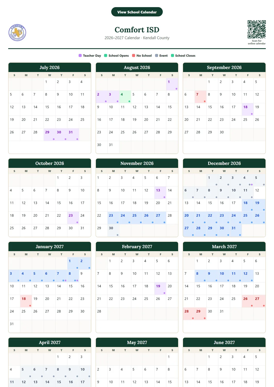 Comfort ISD printable 2026–2027 calendar