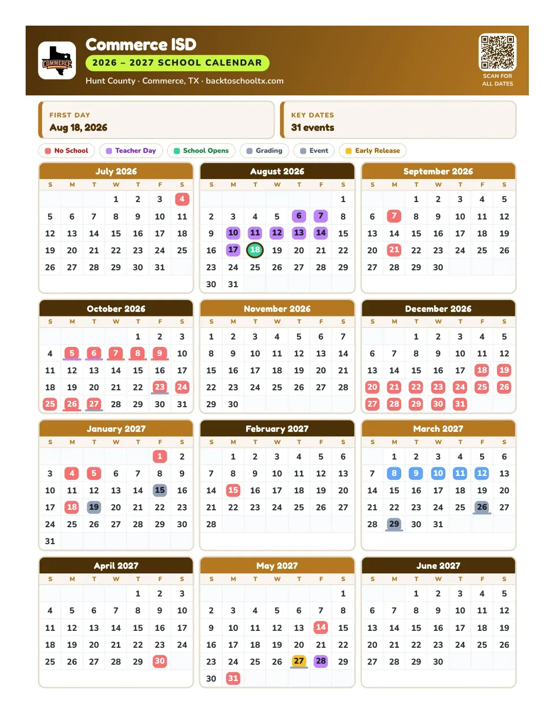 Commerce ISD Calendar for the Year 26-27