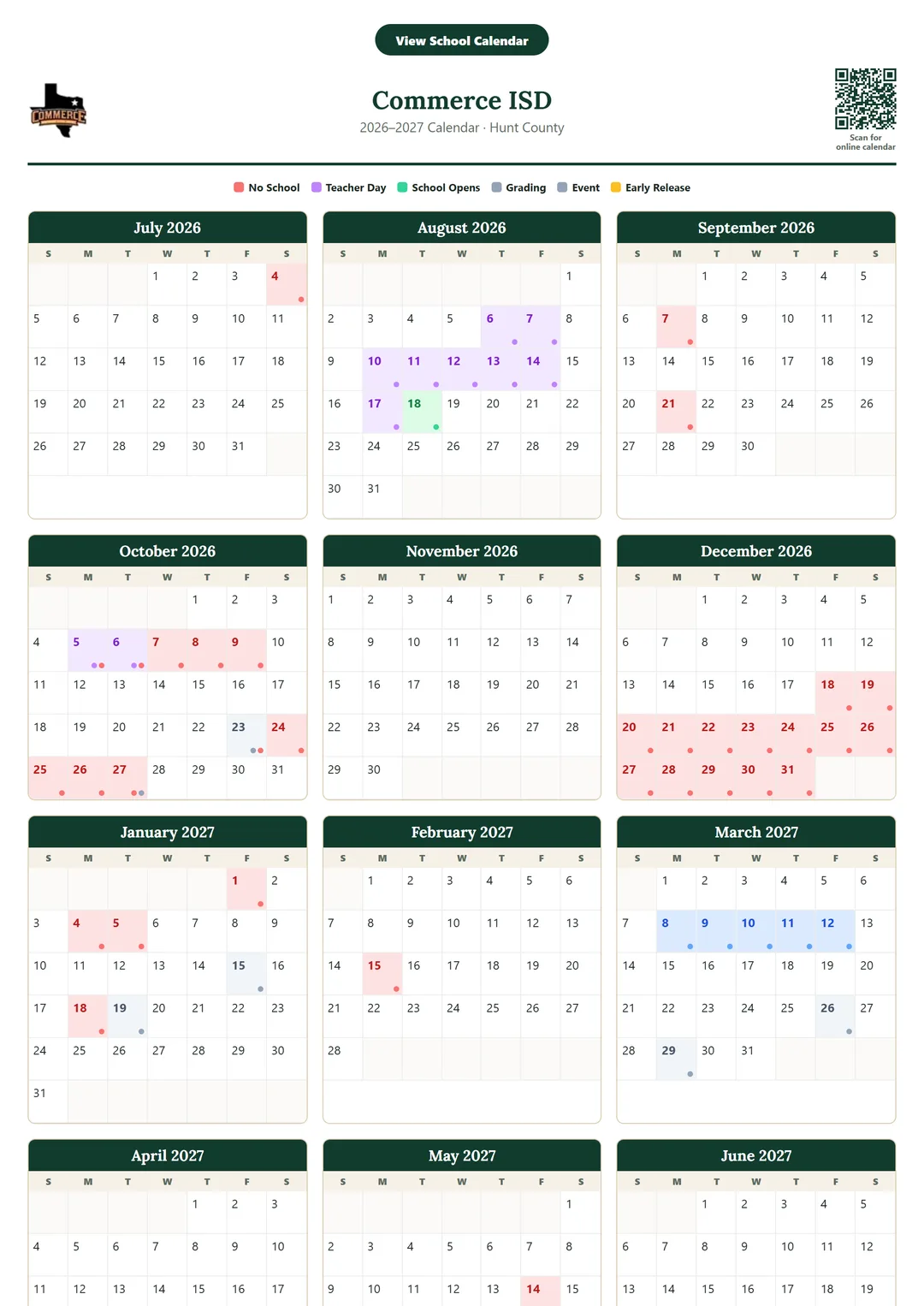 Commerce ISD printable 2026–2027 calendar