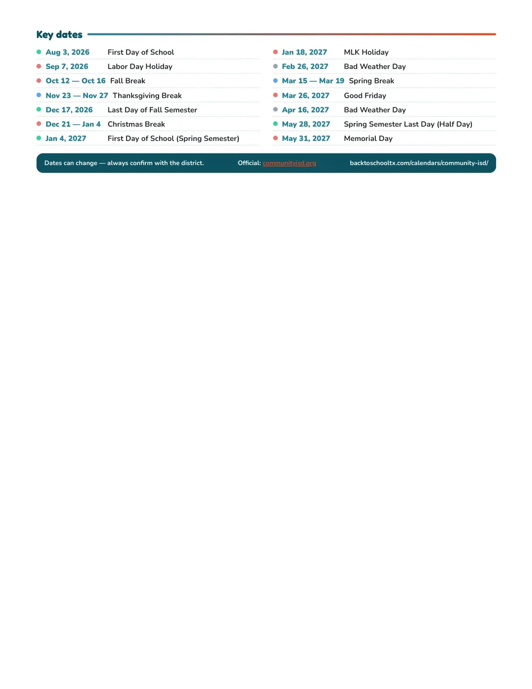 Community ISD Calendar for the Year 26-27 — key dates