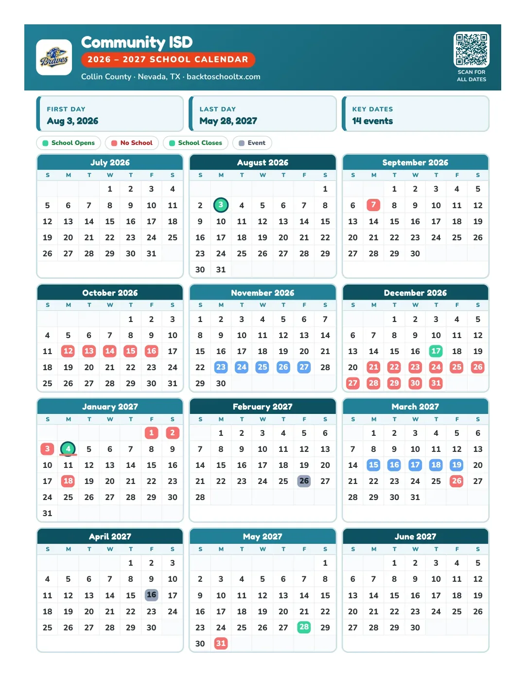 Community ISD Calendar for the Year 26-27