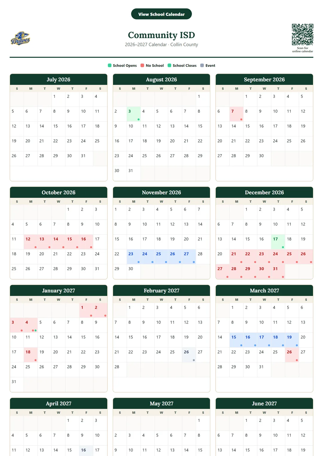 Community ISD printable 2026–2027 calendar