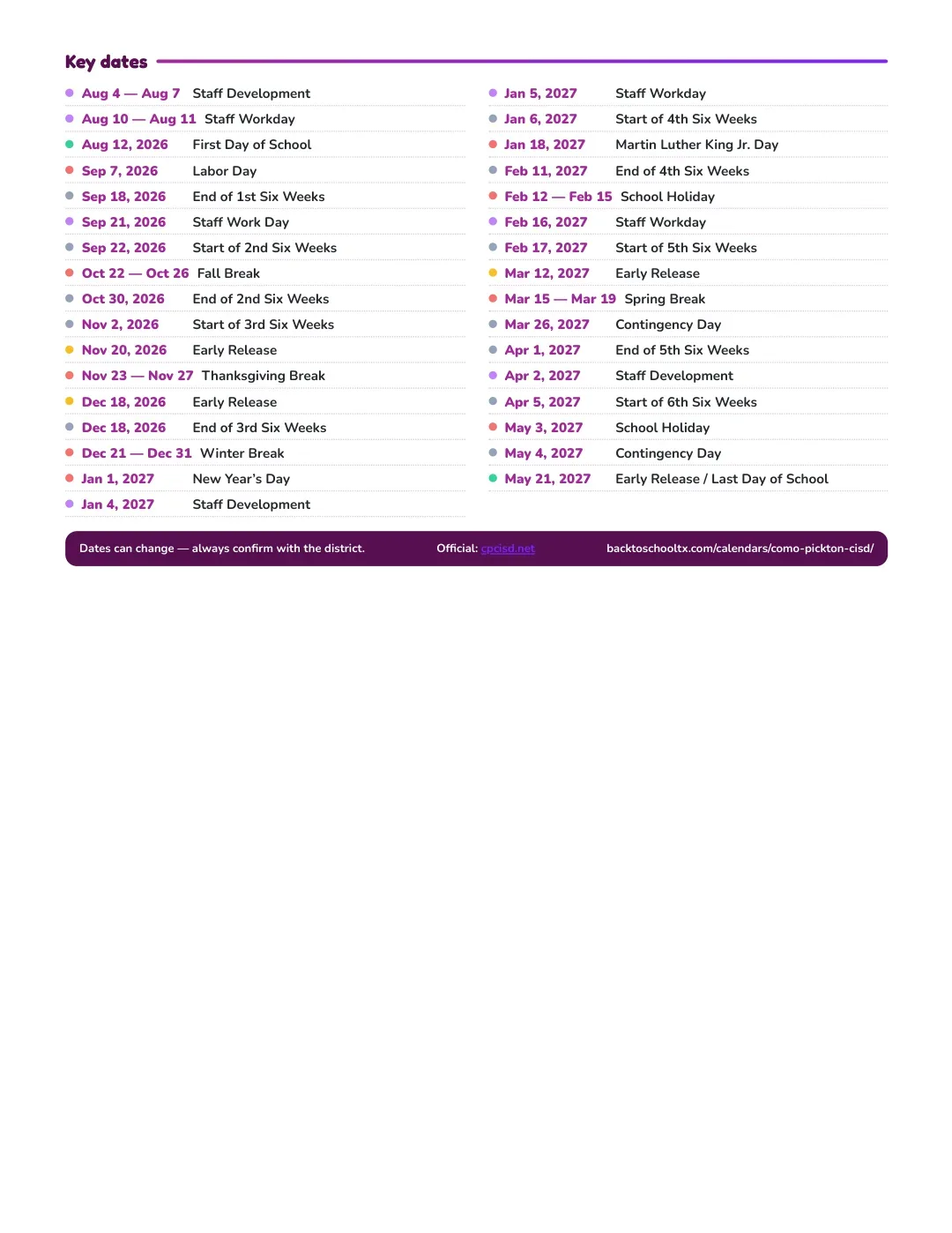 Como-pickton CISD Calendar for the Year 26-27 — key dates