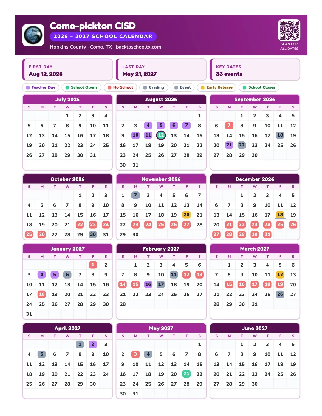 Como-pickton CISD Calendar for the Year 26-27