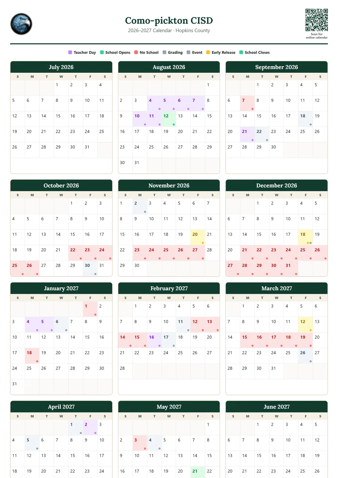 Como-pickton CISD printable 2026–2027 calendar