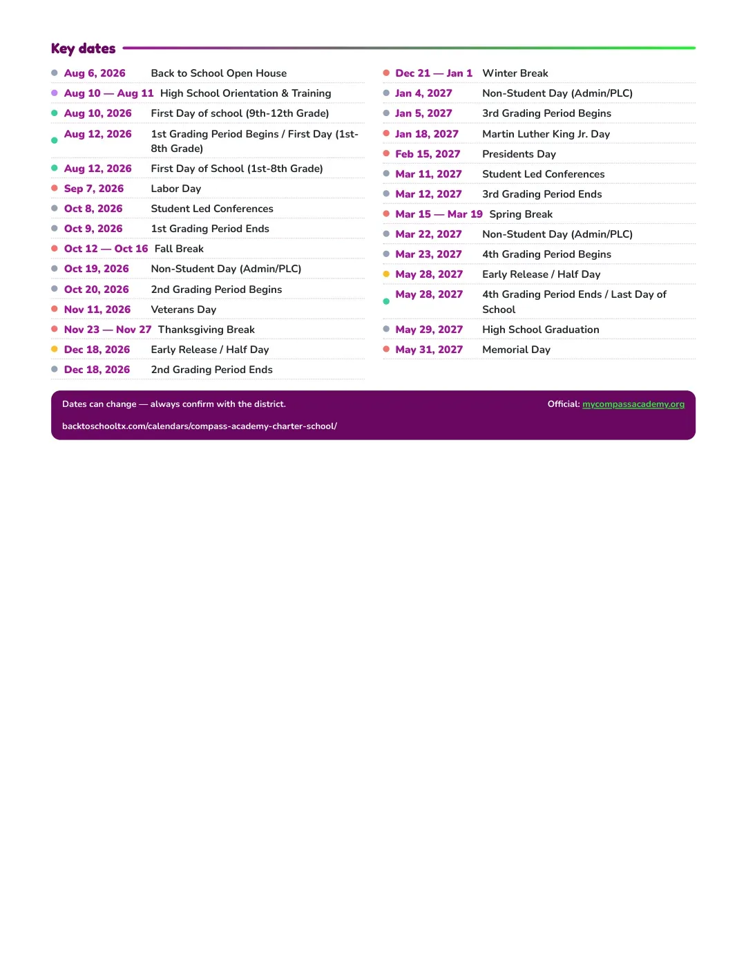 Compass Academy Charter School Calendar for the Year 26-27 — key dates