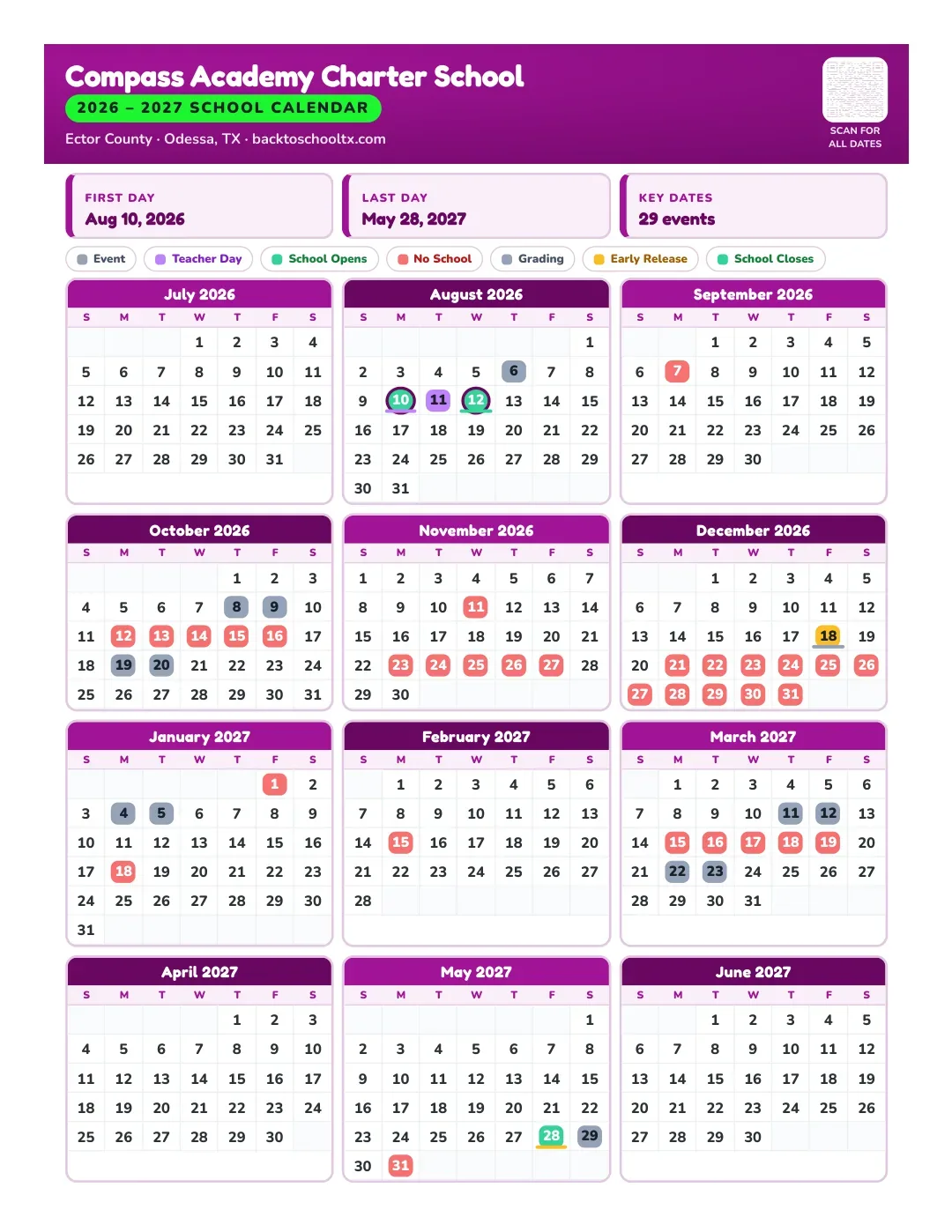 Compass Academy Charter School Calendar for the Year 26-27