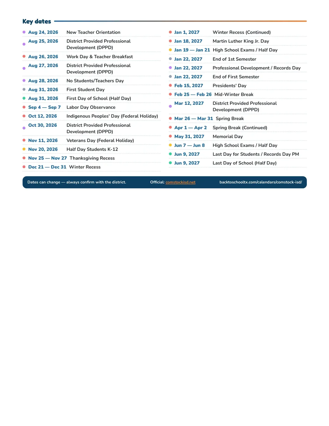 Comstock ISD Calendar for the Year 26-27 — key dates