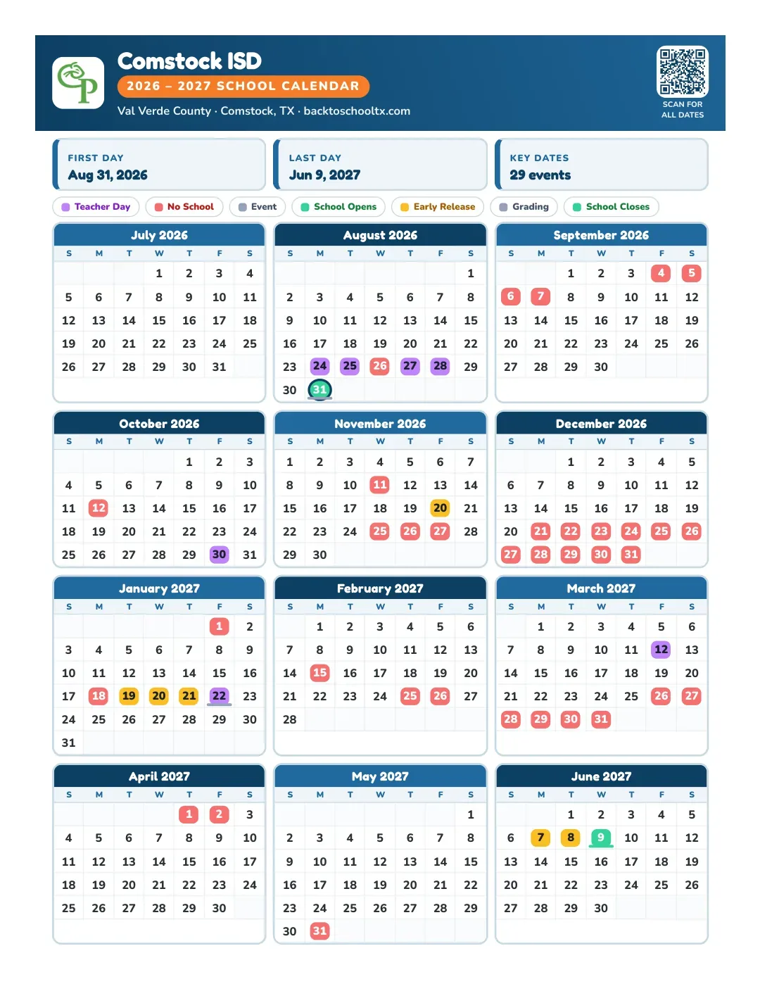 Comstock ISD Calendar for the Year 26-27
