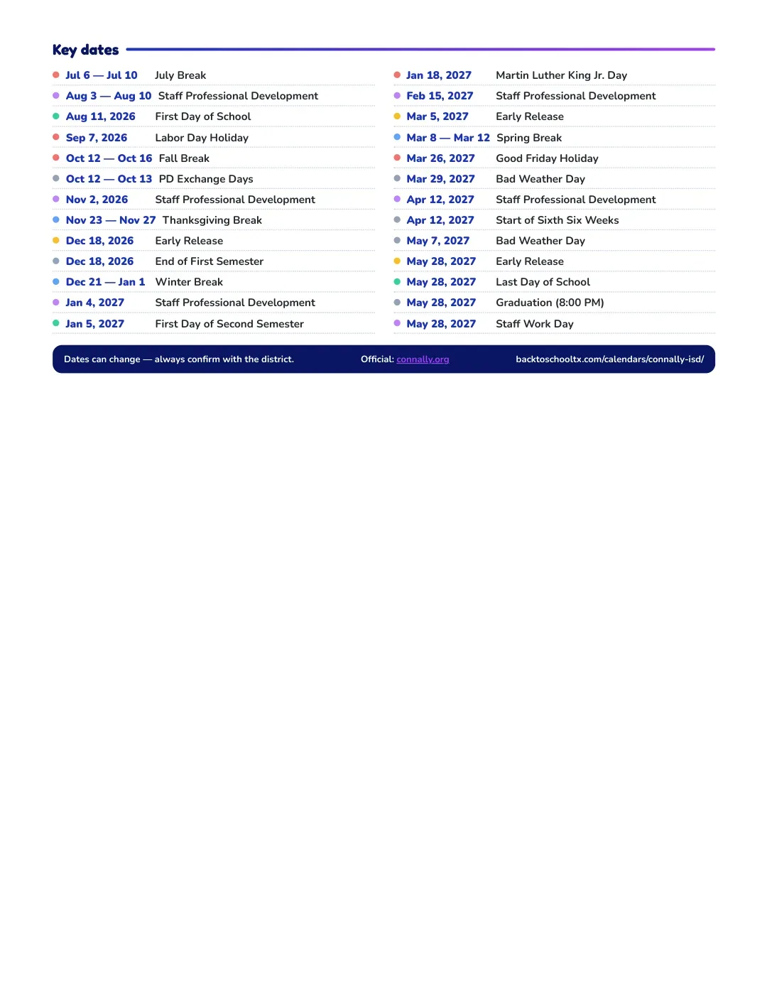 Connally ISD Calendar for the Year 26-27 — key dates